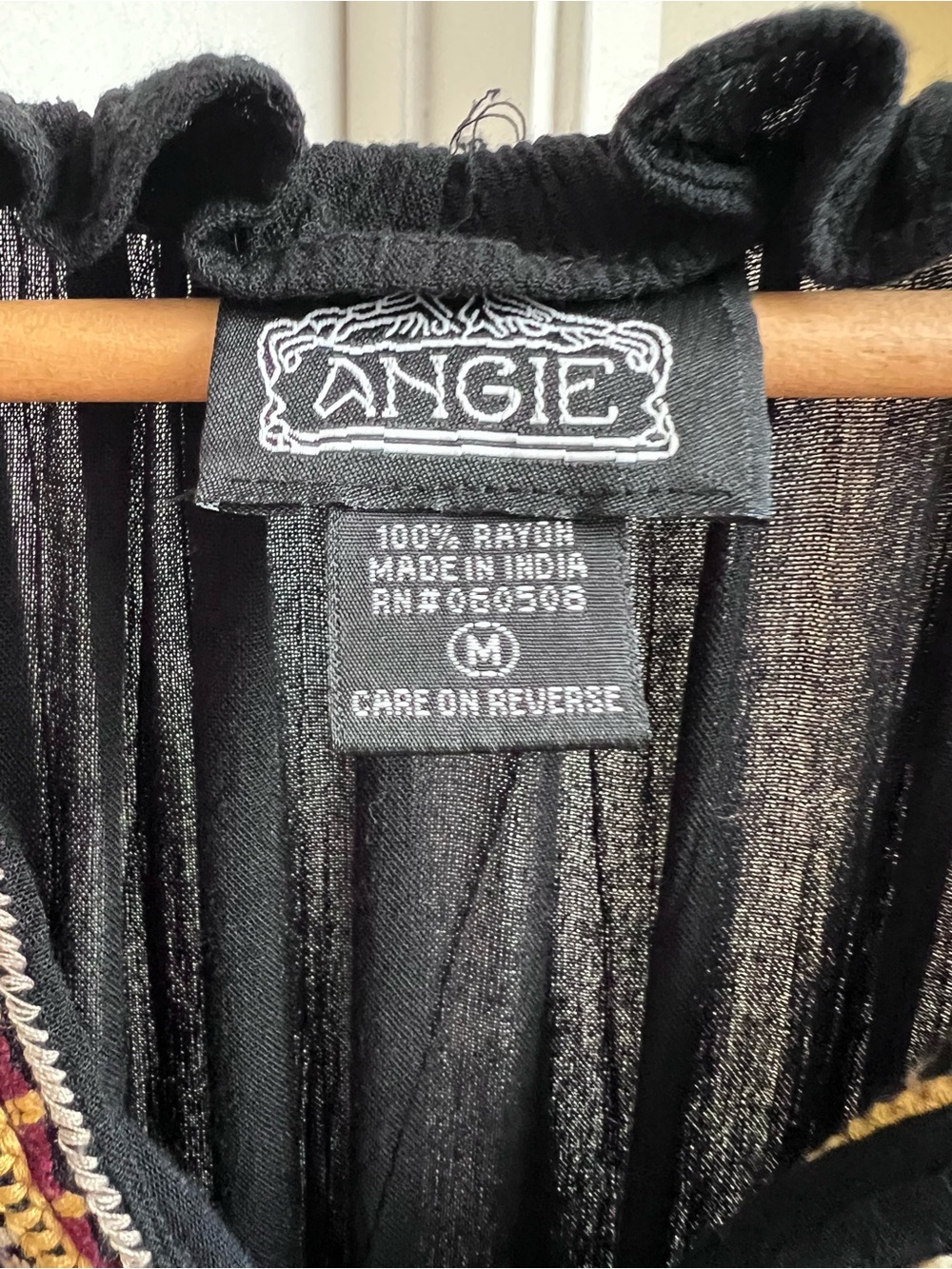 Angie Black Embroidered Boho Peasant Maxi Dress Tassel Tie Rayon Medium - Picture 7 of 8